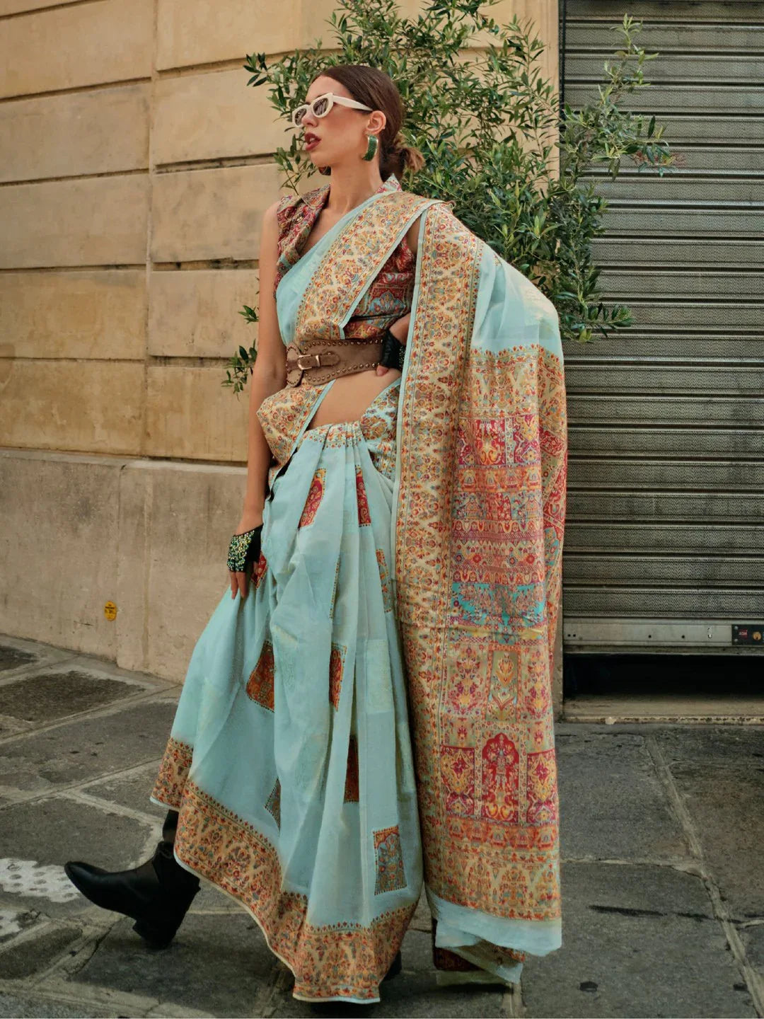LightBlue Banarasi Silk Blend Woven Saree - The Dori Store