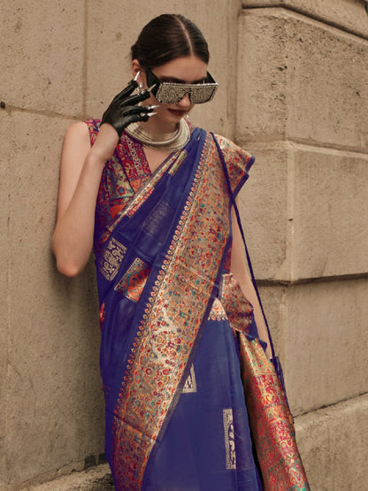 Blue Banarasi Silk Blend Woven Saree