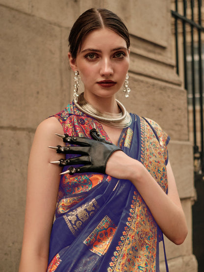 Blue Banarasi Silk Blend Woven Saree