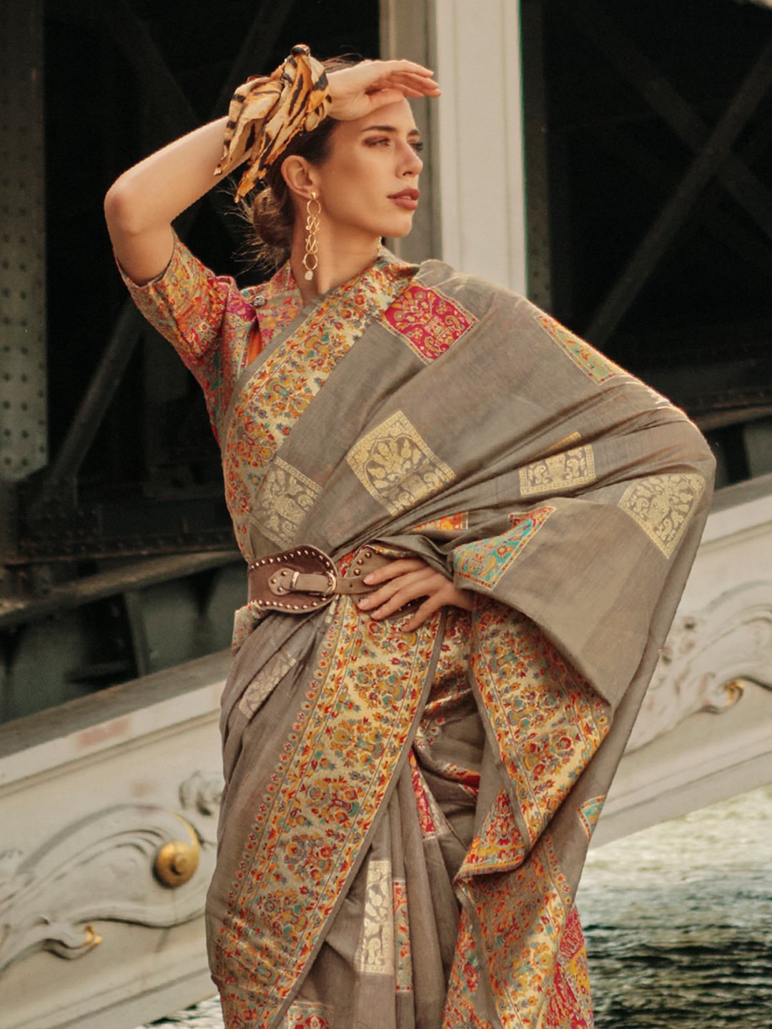 Grey Banarasi Silk Blend Woven Saree