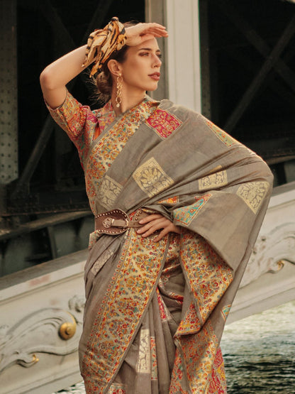 Grey Banarasi Silk Blend Woven Saree