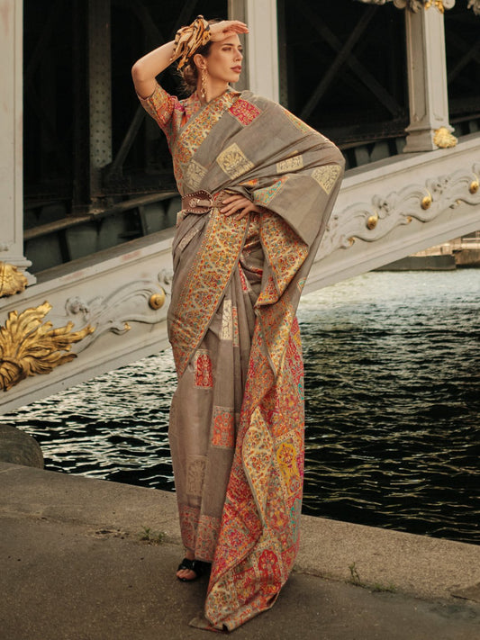 Grey Grey Banarasi Silk Blend Woven Saree
