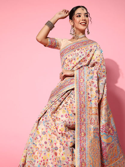 Beige Banarasi Silk Blend Woven Saree