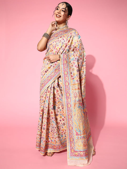 Cream Beige Banarasi Silk Blend Woven Saree