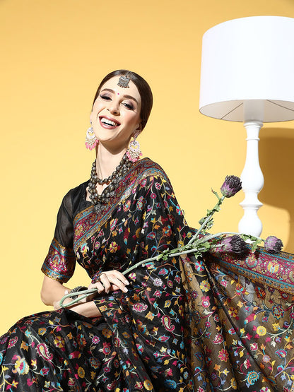 Black Banarasi Silk Blend Woven Saree