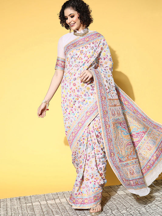 Cream Cream Banarasi Silk Blend Woven Saree