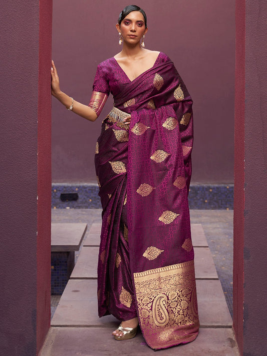 Purple Burgundy Banarasi Pure Silk Woven Saree