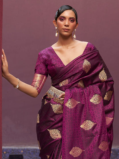 Burgundy Banarasi Pure Silk Woven Saree