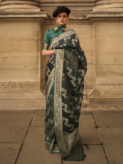 Green DarkGreen Banarasi Satin Silk Woven Saree