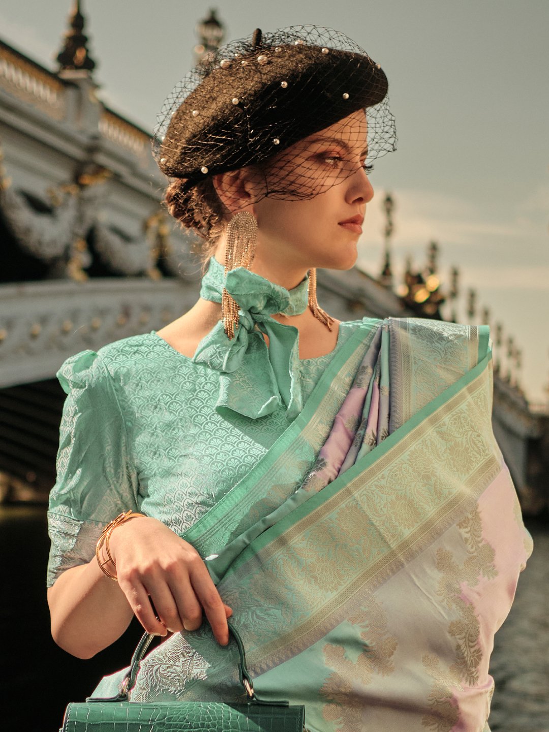 SeaGreen Banarasi Satin Silk Woven Saree