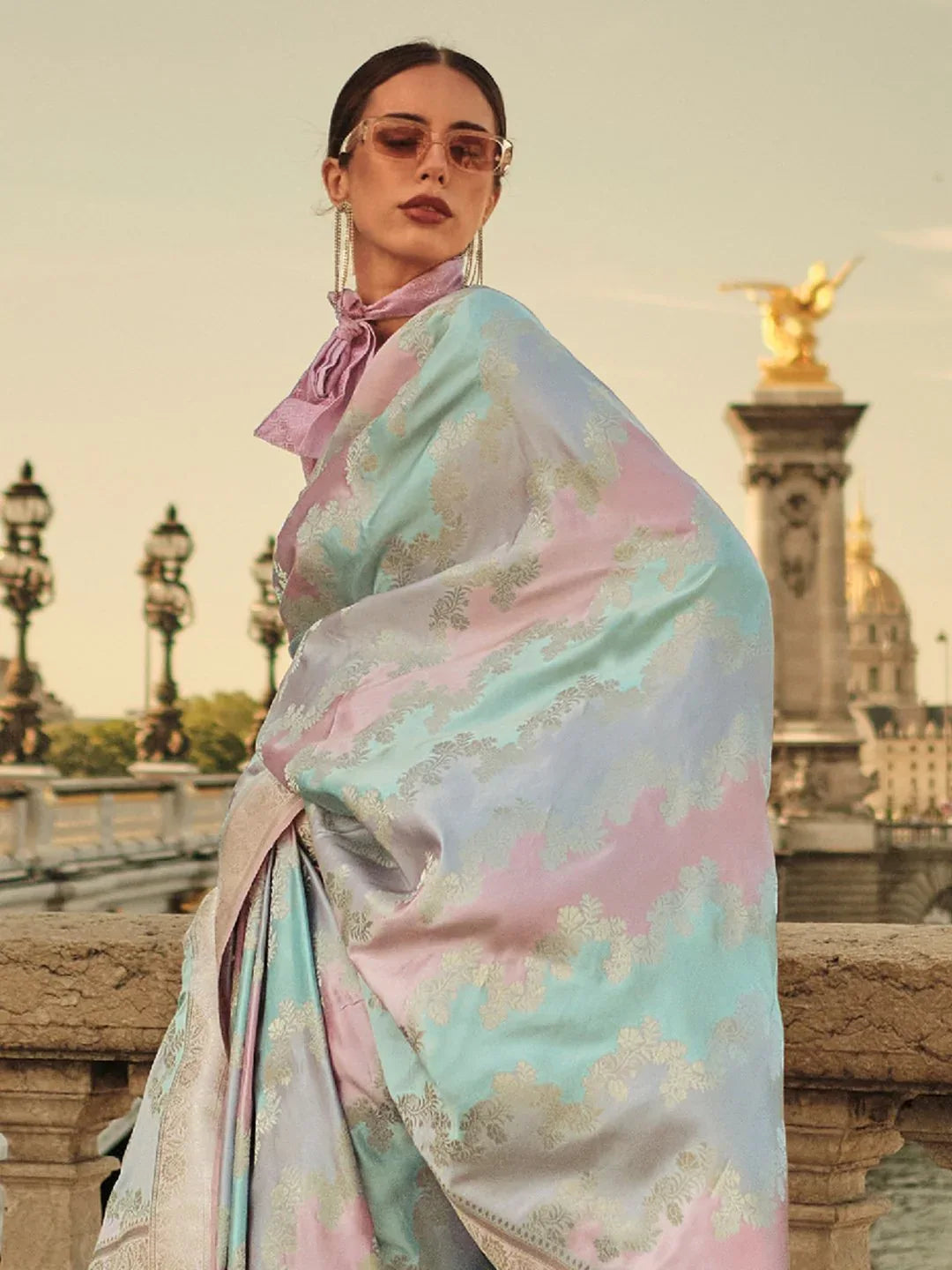 LightBlue Banarasi Satin Silk Woven Saree - The Dori Store