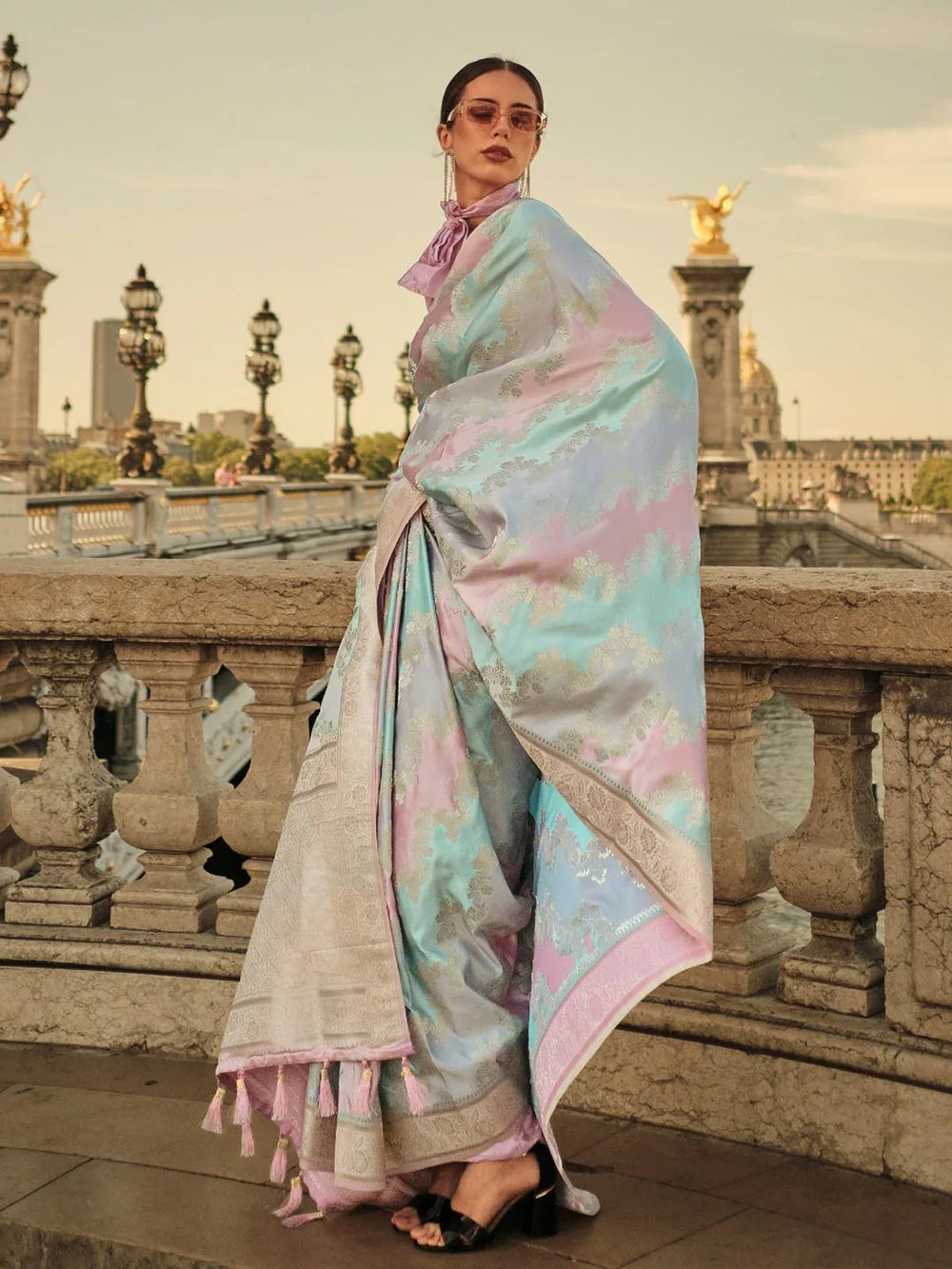 LightBlue Banarasi Satin Silk Woven Saree - The Dori Store