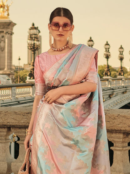 Peach Banarasi Satin Silk Woven Saree