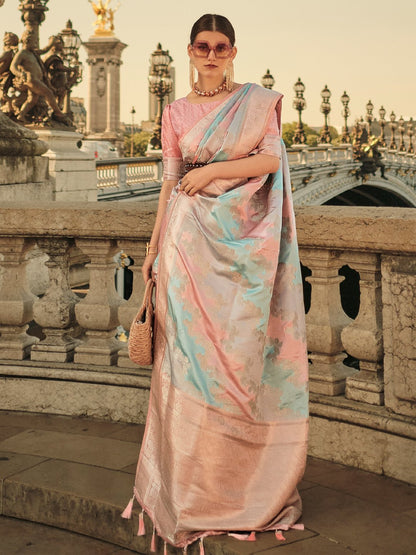 Pink Peach Banarasi Satin Silk Woven Saree
