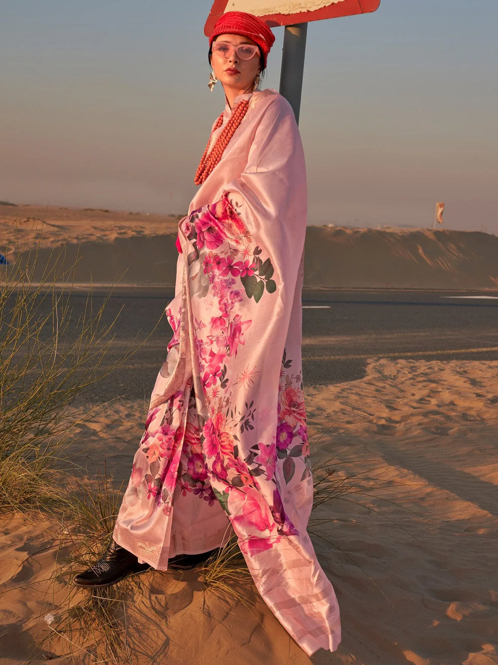 Light Pink Tussar Printed Silk Saree - The Dori Store