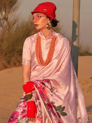 Light Pink Tussar Printed Silk Saree - The Dori Store