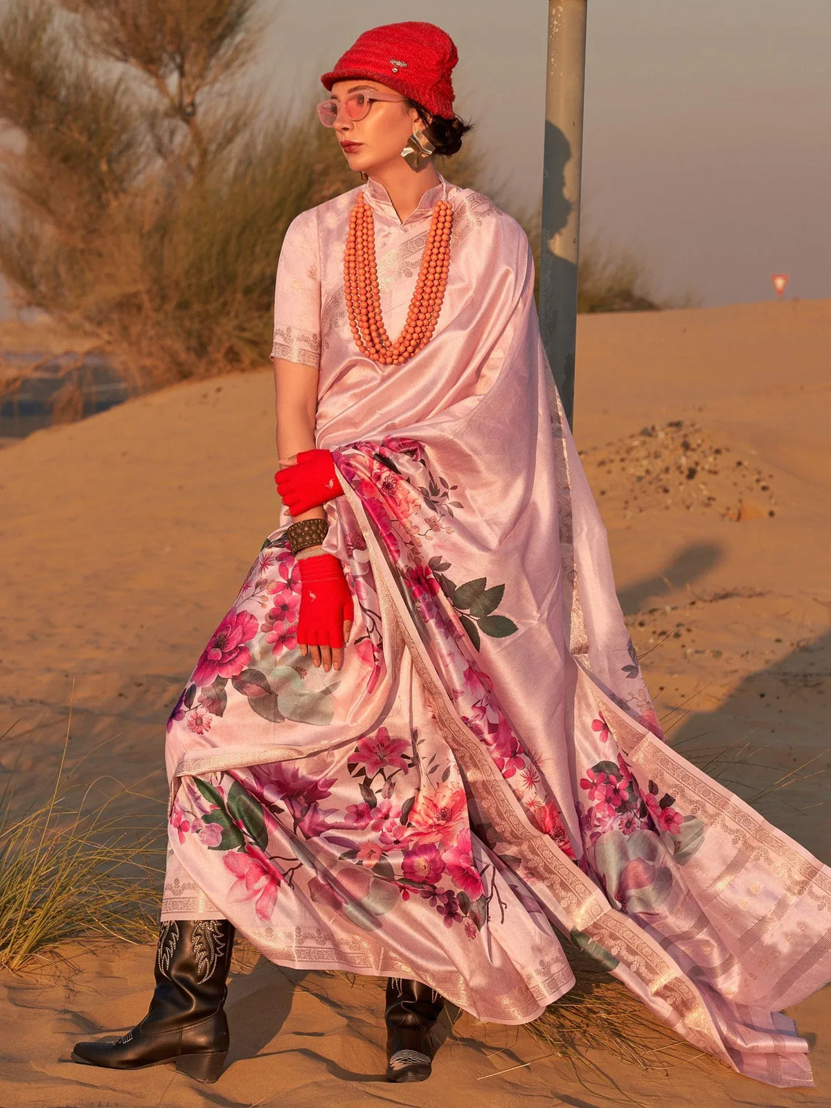 Light Pink Tussar Printed Silk Saree - The Dori Store