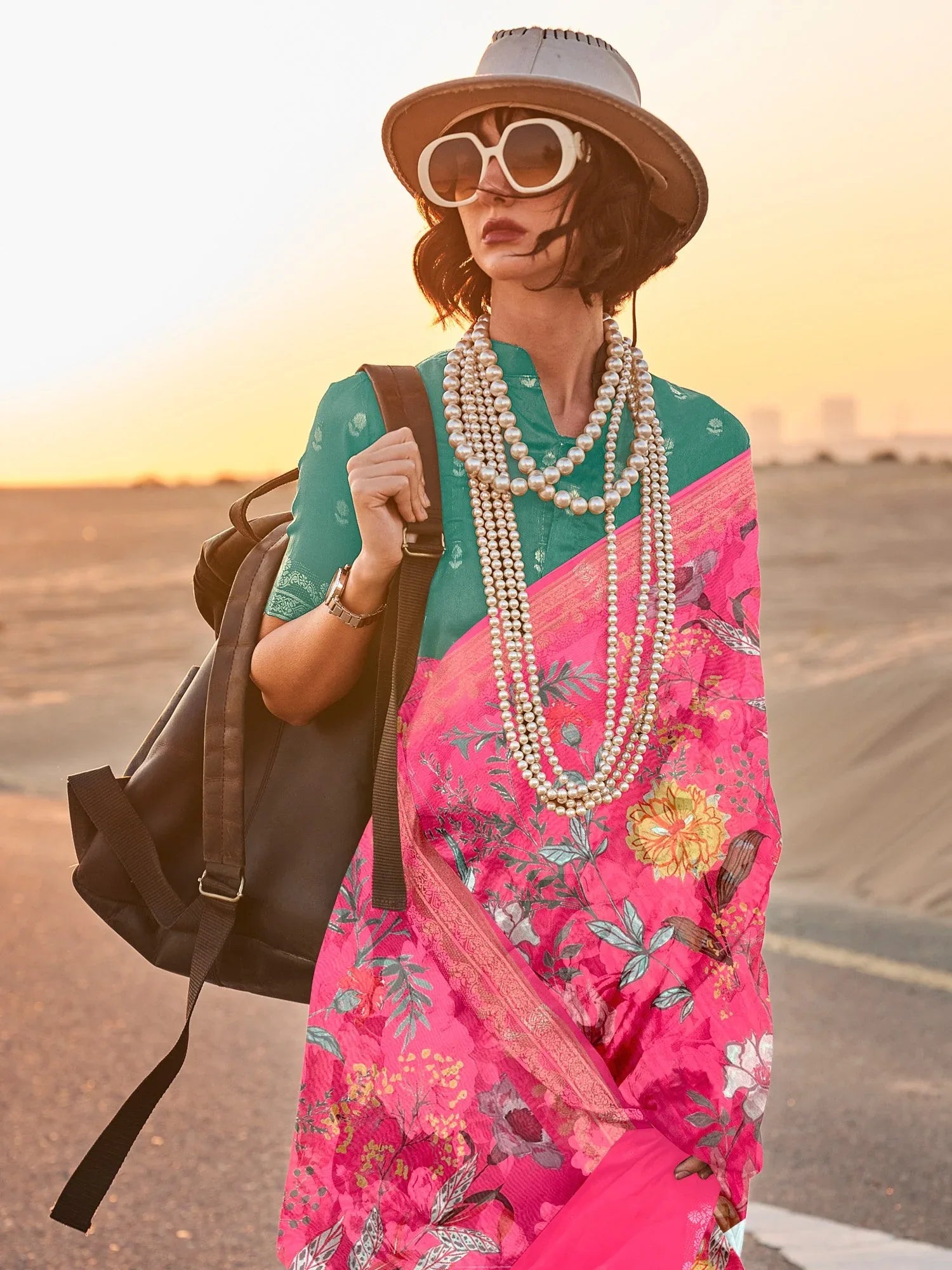 Greenish Pink Tussar Printed Silk Saree - The Dori Store