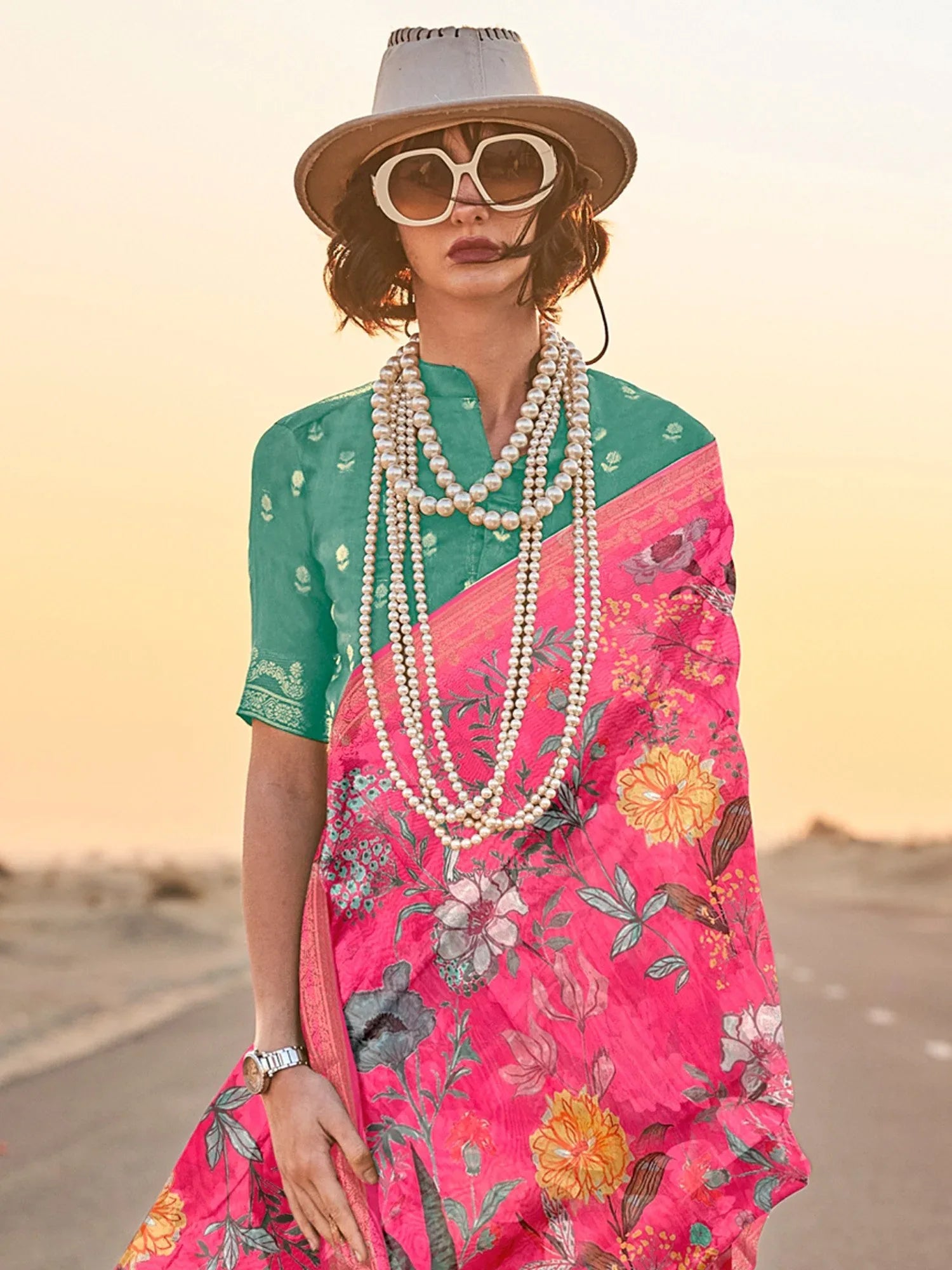 Greenish Pink Tussar Printed Silk Saree - The Dori Store