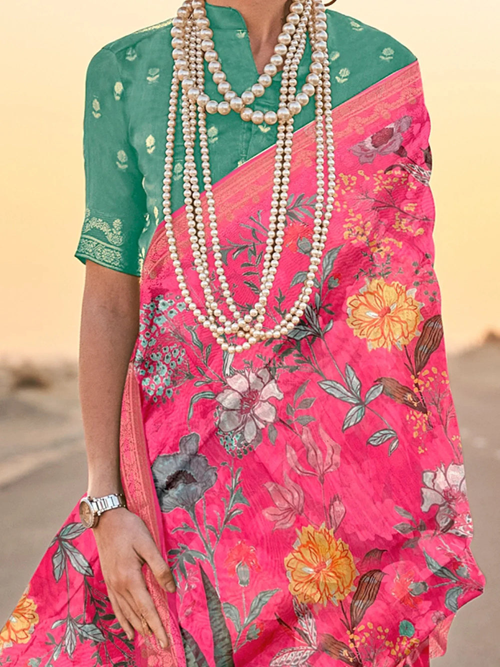 Greenish Pink Tussar Printed Silk Saree - The Dori Store