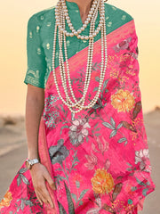 Greenish Pink Tussar Printed Silk Saree - The Dori Store