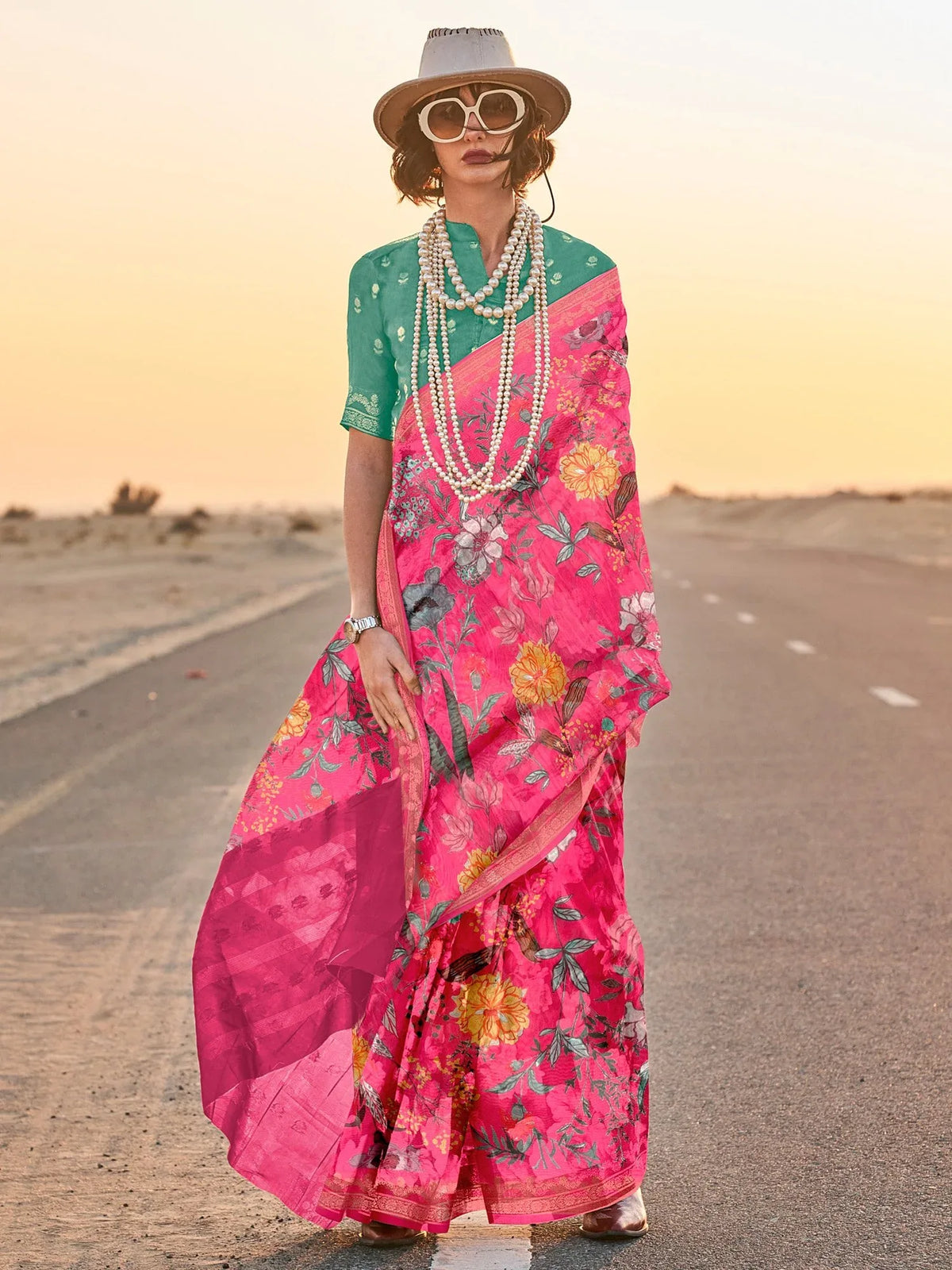 Greenish Pink Tussar Printed Silk Saree - The Dori Store