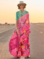 Greenish Pink Tussar Printed Silk Saree - The Dori Store