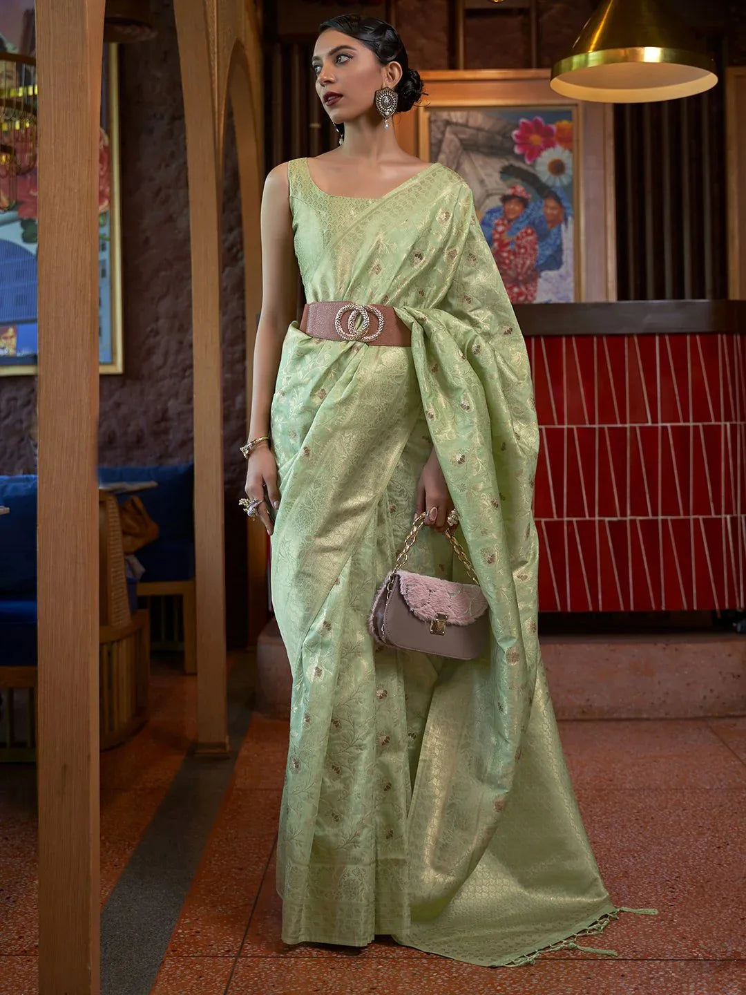 LightGreen Banarasi Silk Blend Woven Saree - The Dori Store