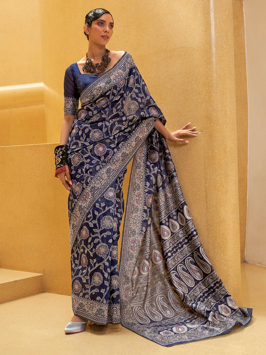 Blue NavyBlue Muga Silk Blend Woven Saree