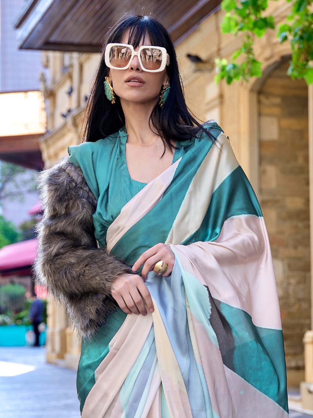 Tealblue Block Print Satin Silk Digital Print Saree