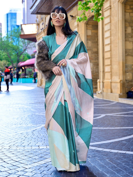 Blue Tealblue Block Print Satin Silk Digital Print Saree