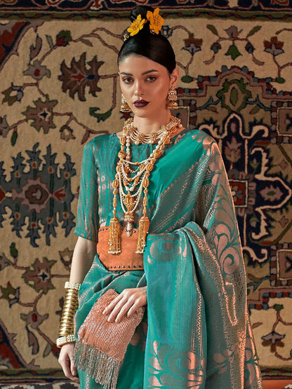 Tealblue Kanjeevaram Silk Blend Woven Saree