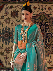 Ocean Blue Kanjeevaram Silk Blend Woven Saree