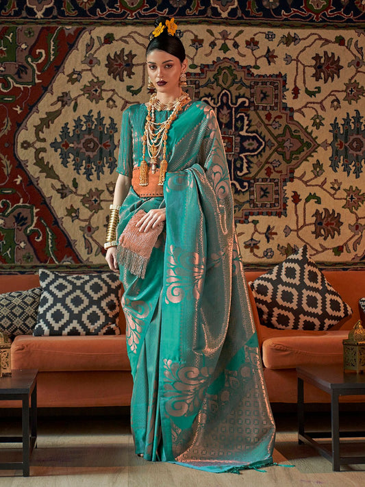 Green Tealblue Kanjeevaram Silk Blend Woven Saree