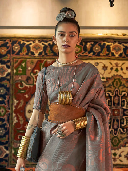 Grey Kanjeevaram Silk Blend Woven Saree