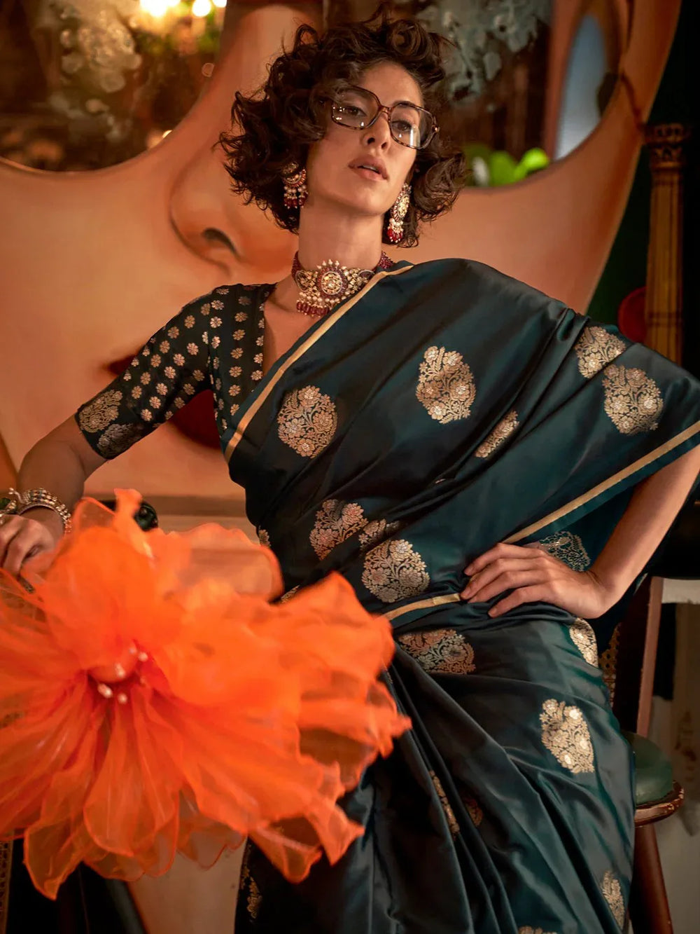 Dark Green Banarasi Satin Silk Saree - The Dori Store