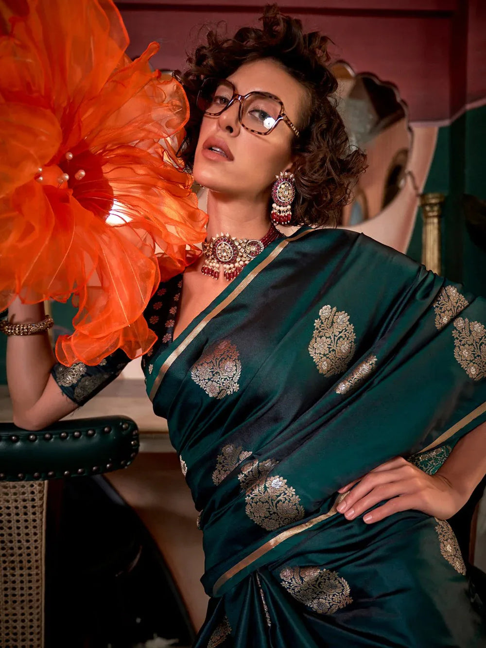 Dark Green Banarasi Satin Silk Saree - The Dori Store