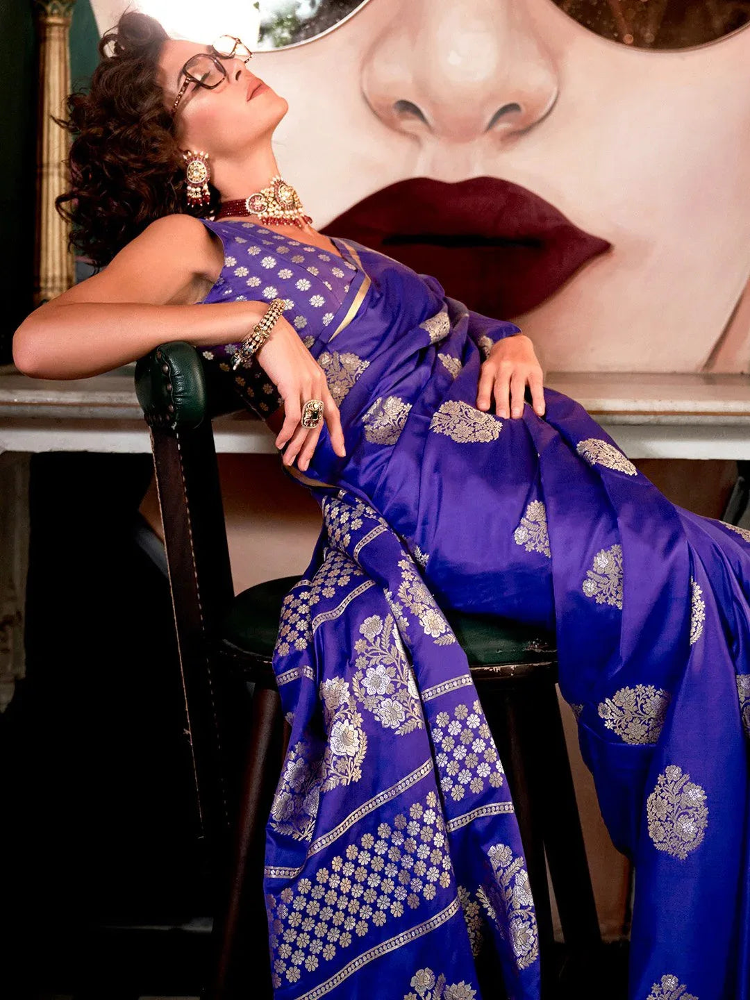 Indigo Blue Banarasi Satin Silk Saree - The Dori Store