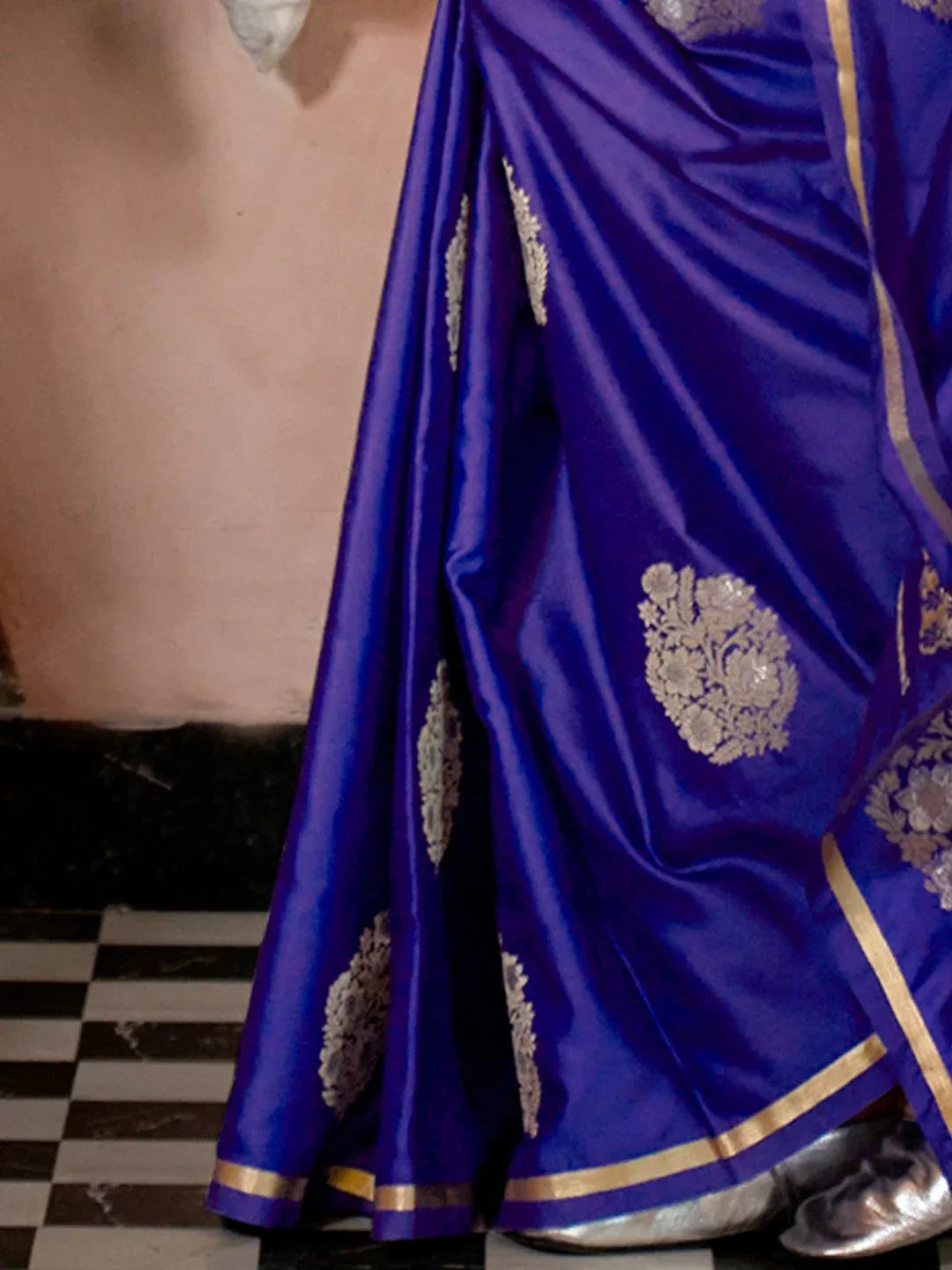 Indigo Blue Banarasi Satin Silk Saree - The Dori Store
