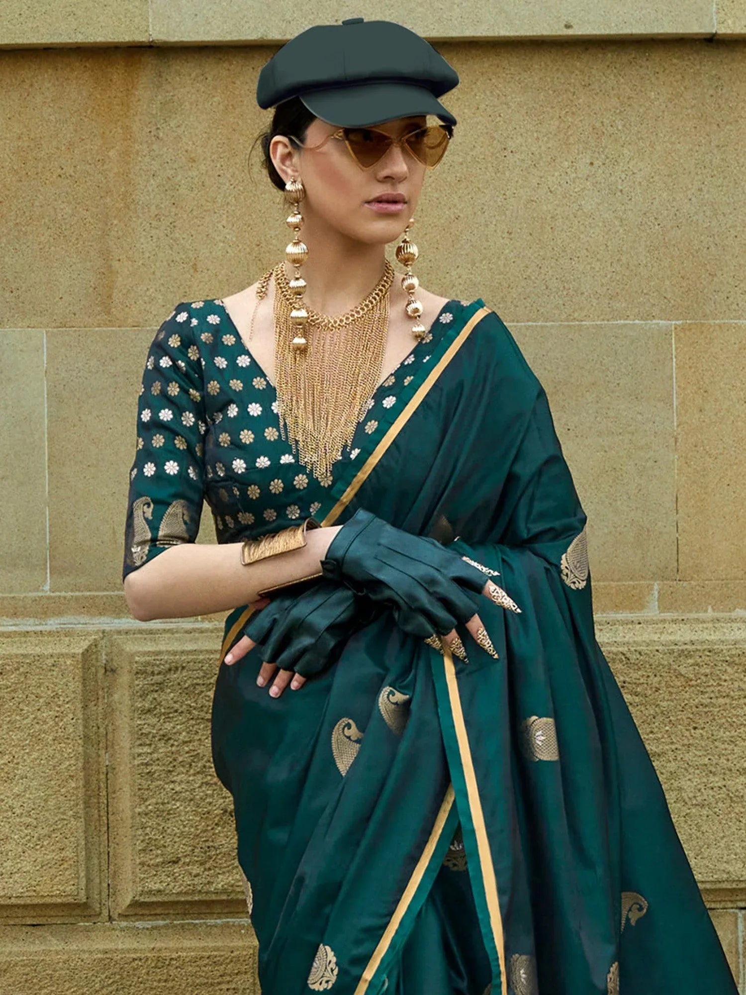 Hunter Green Banarasi Satin Silk Saree - The Dori Store