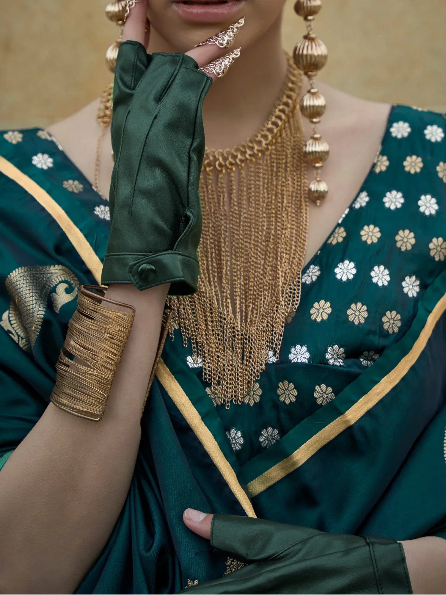 Hunter Green Banarasi Satin Silk Saree - The Dori Store