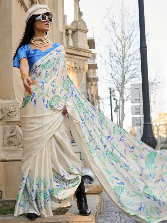 White Cream Block Print Satin Printed Saree