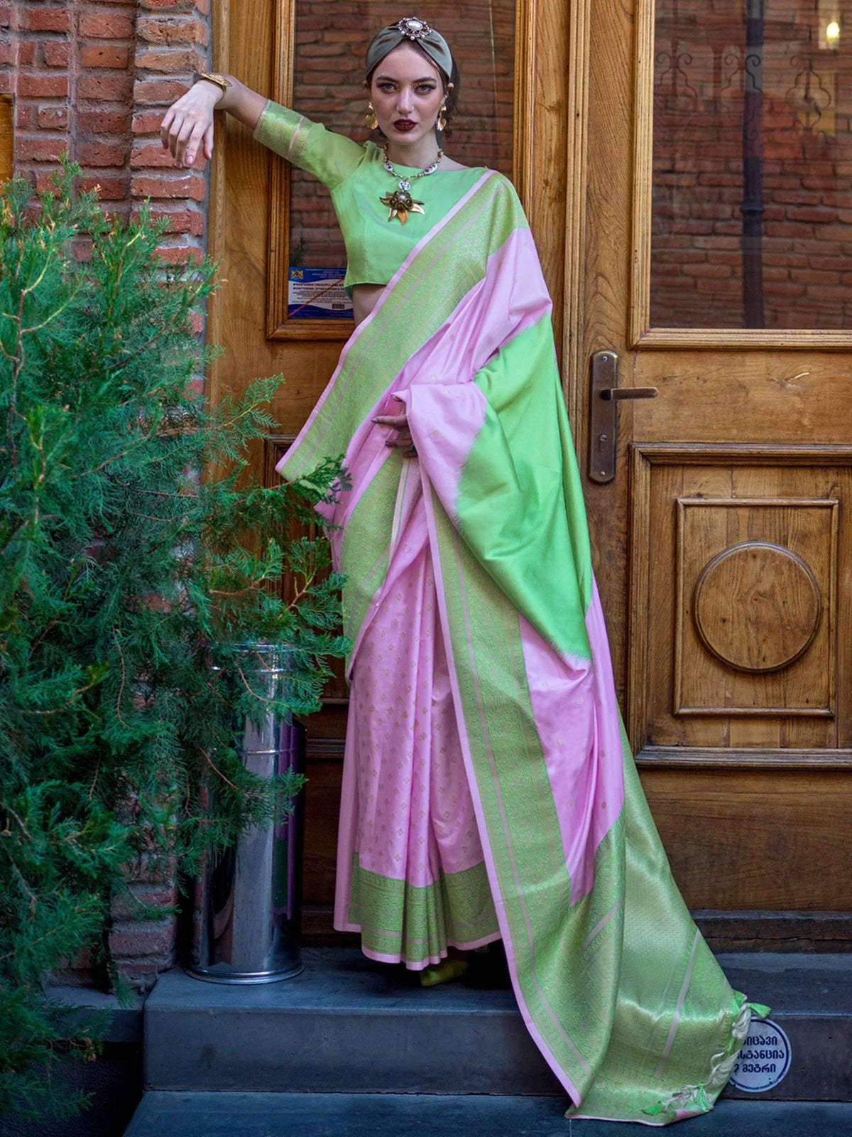 Greenish Lavender Soft Weaving Silk Saree - The Dori Store