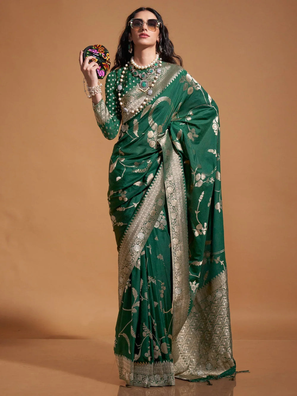 Dark Green Banarasi Georgette Silk Saree - The Dori Store