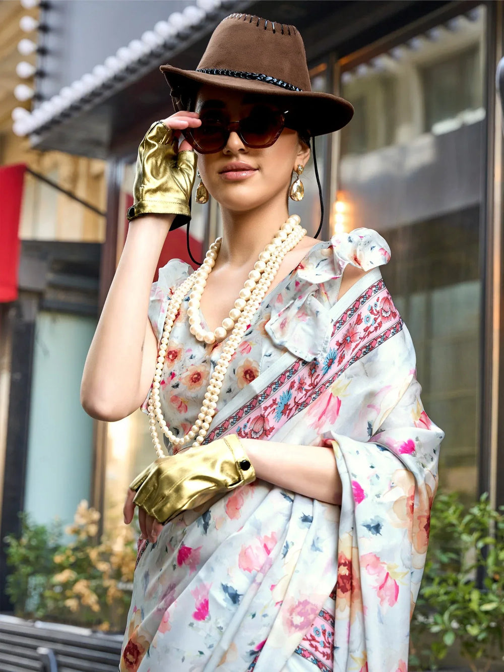 Ice Blue Printed Satin Silk Saree - The Dori Store