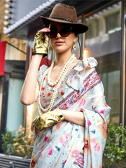 Ice Blue Printed Satin Silk Saree - The Dori Store