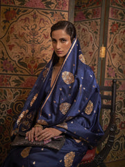 Navy Blue Banarasi Silk Saree - The Dori Store