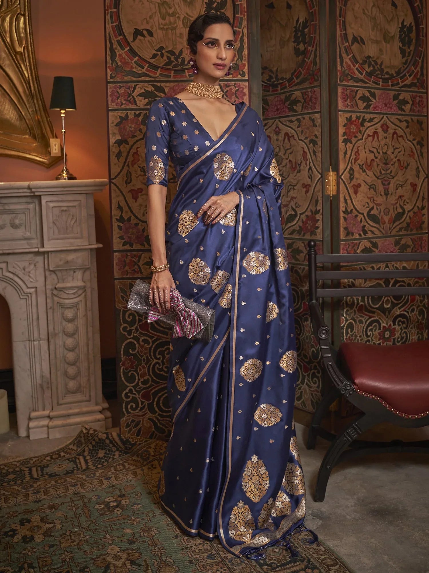 Navy Blue Banarasi Silk Saree - The Dori Store