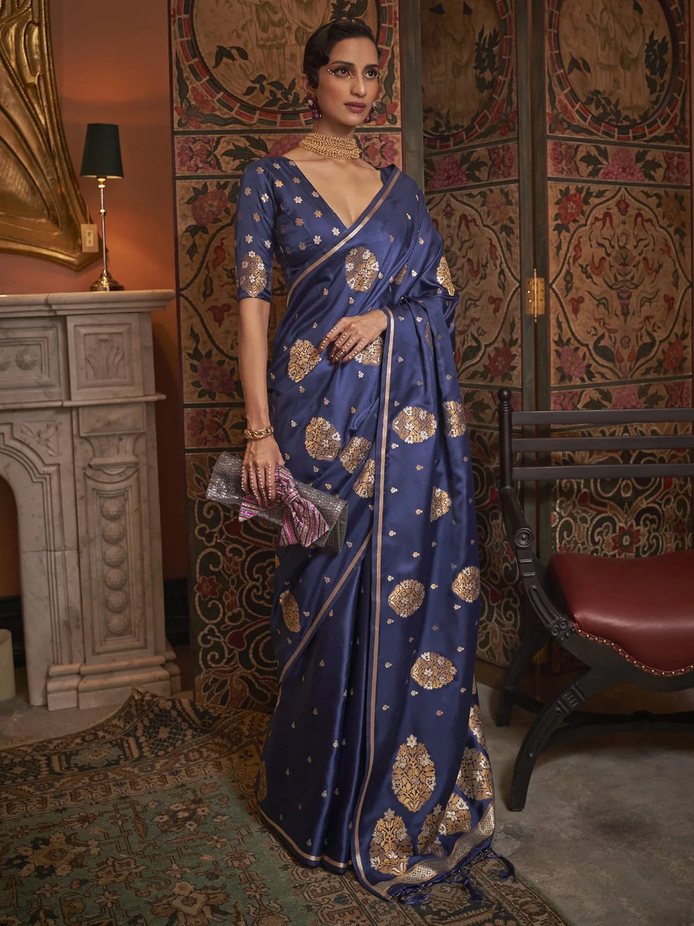 Navy Blue Banarasi Silk Saree - The Dori Store