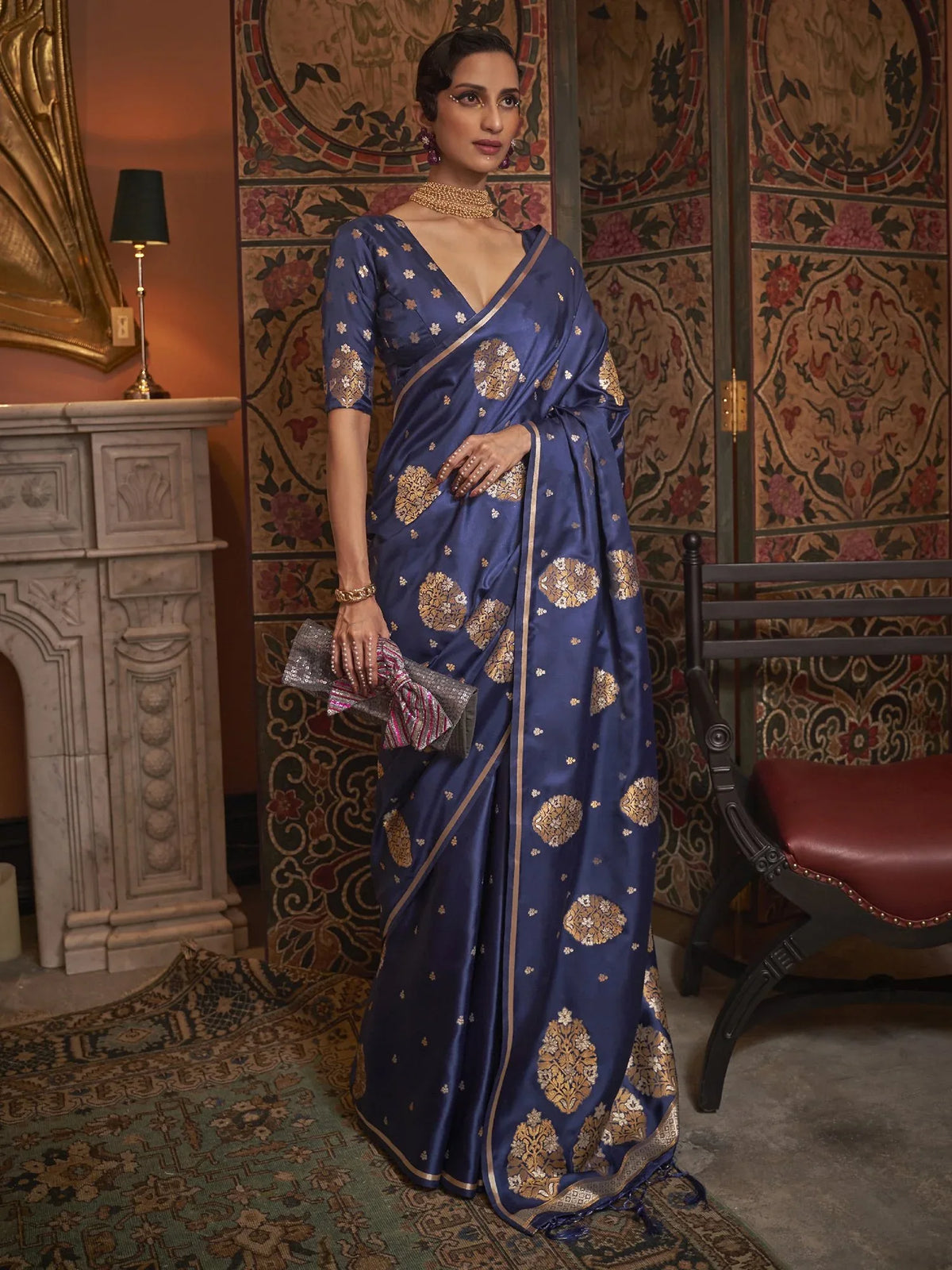 Navy Blue Banarasi Silk Saree - The Dori Store